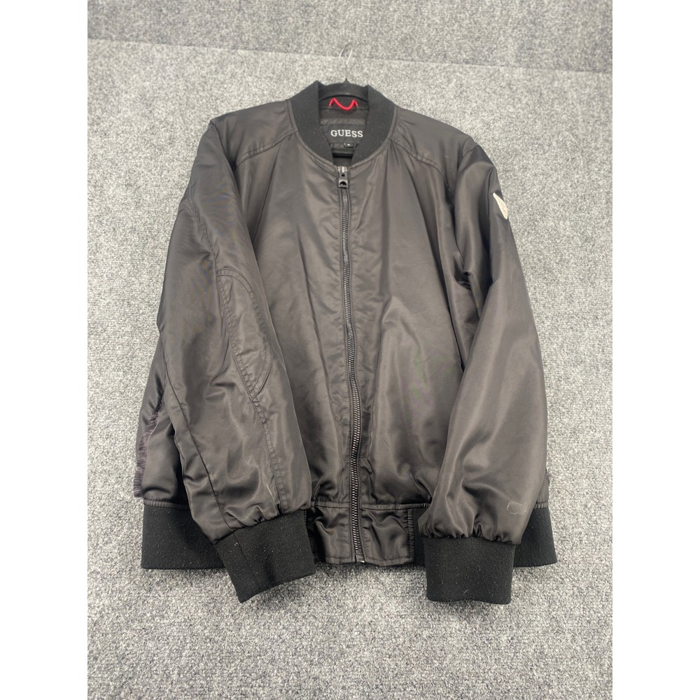 GUESS Embroidered Logo Bomber Jacket Mens XL Black Full Zip Mesh Lined Outerwear